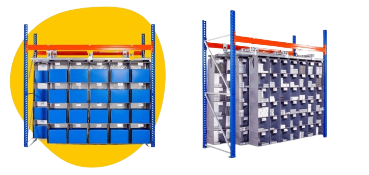 Two Storeganizer storage racks stand out against a yellow background, each showcasing multiple blue boxes neatly arranged in rows and columns. They are supported by a sturdy metal frame with vibrant orange and red components.