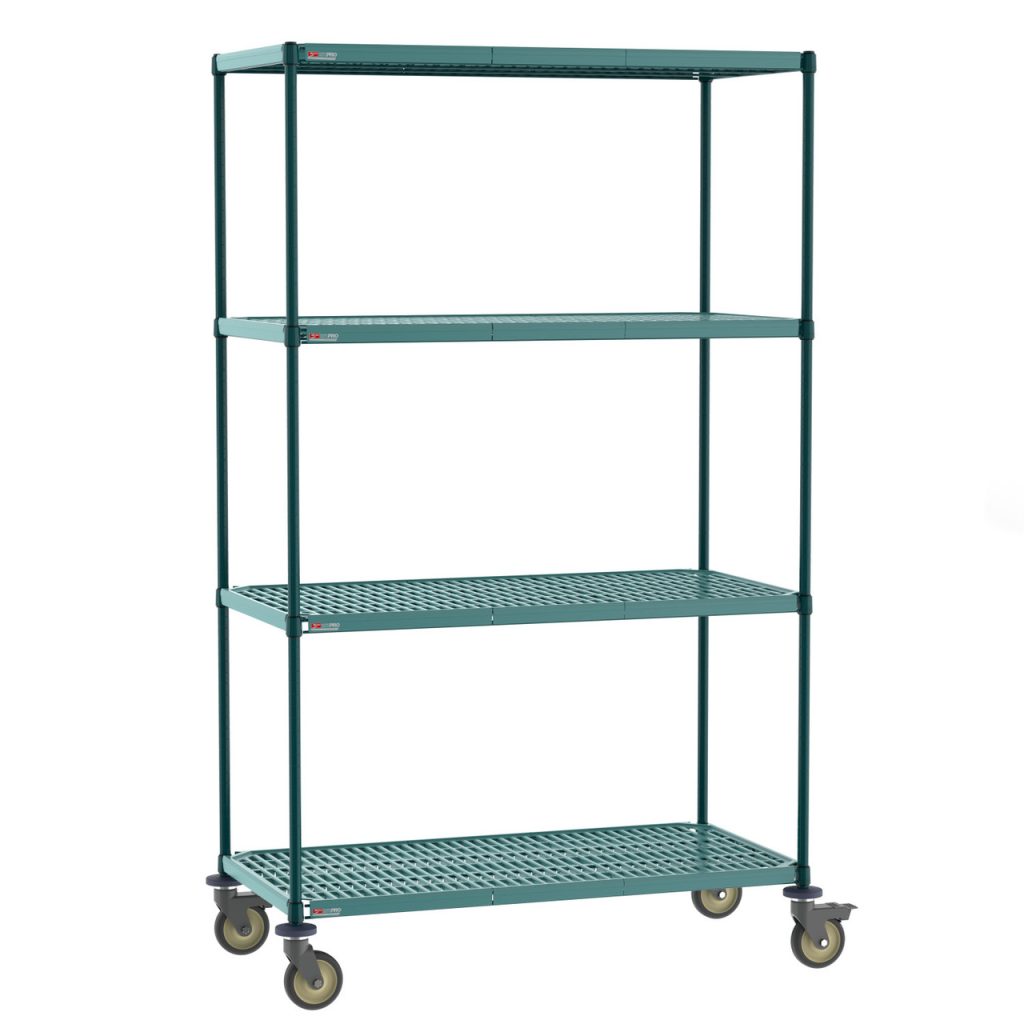 A green metal shelving unit, featuring four perforated shelves and four wheels for easy mobility, offers an ideal Supermarket Solution. The unit stands empty against a plain white background, ready to organize or display items with style and efficiency.