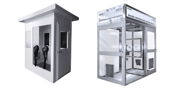 Two isolation booths stand side by side: the left booth boasts a small window and glass door, while the right, labeled Mass Screening Swab Booth, features a large clear window with built-in gloves designed for safe handling during virus testing.
