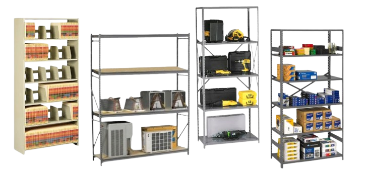 Four Tennsco shelving units hold an array of items: the first showcases colorful files, the second displays bricks and air conditioners, the third is filled with tools and equipment, and the fourth features office supplies and storage boxes for Community College Shelving.