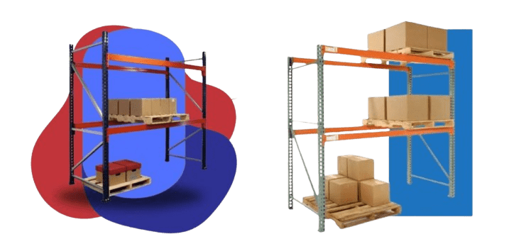 Two warehouse shelving units, branded by Transit Authority Storage Solutions, stand against abstract red and blue backgrounds. Each unit holds wooden pallets stacked with cardboard boxes, with the left unit displaying fewer boxes than the more laden right.