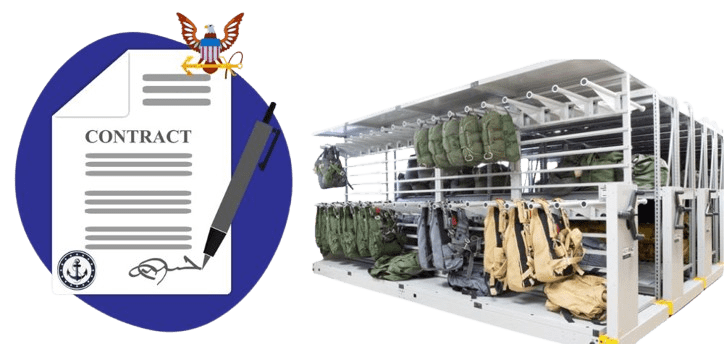 Illustration of a contract with US NAVY BPA symbols and a pen, next to an image of military gear stored on metal racks.