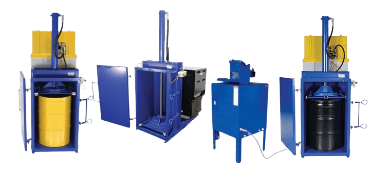 Four industrial drum crushers are lined up, showcasing efficient waste volume reduction. Each blue crusher features unique designs; the first is compact with a visible yellow drum, while the last holds a black drum. Doors are open, revealing hydraulic systems for safe waste disposal.
