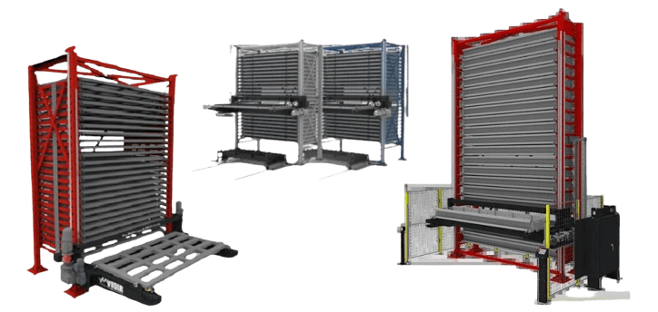 Three vertical storage racks with horizontal shelves are showcased in vibrant red, grey, and blue—ideal for organizing and storing materials. Designed with precision as part of Vidir Vertical Lift for Bar Stock Storage, they each feature a base for seamless loading and unloading.