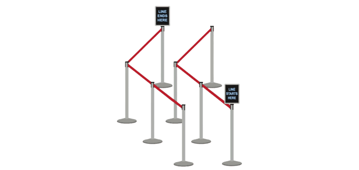 Introducing the Visiontron queue barrier system, featuring red retractable belts forming a zigzag pattern between sleek silver stanchions. Guided by signs reading Line Starts Here and Line Ends Here, its designed with Visiontrons 6 Steps to a Great Queue Experience in mind.