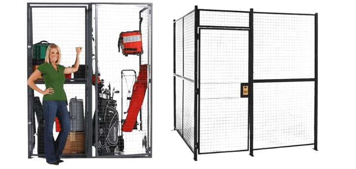 A woman in a green shirt and jeans stands next to a mesh storage locker holding various items like tools, a water cooler, and boxes. Another empty mesh locker, reminiscent of security cages used in machine guarding systems, is displayed beside her.