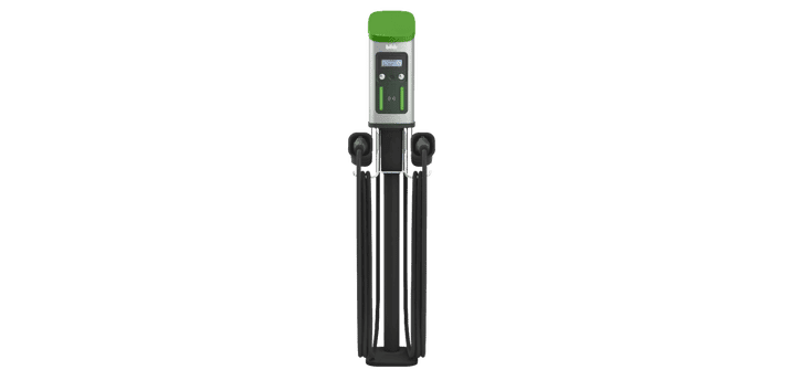The freestanding electric vehicle charging station features a digital display, two charging cables, and connectors. With its green top, it seamlessly fits into any setting, making it perfect for workplace charging against a plain backdrop.