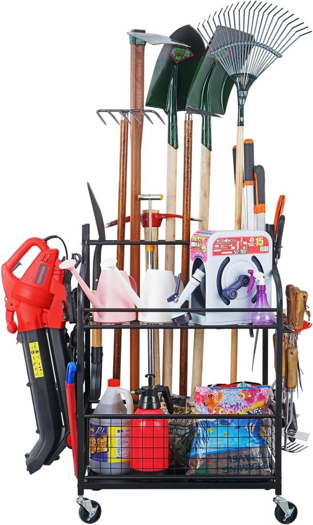 A gardening tools cart offers a superb agricultural storage solution with shovels, rakes, a leaf blower, watering cans, and gloves. This wheeled cart ensures easy mobility and organized access to all your gardening essentials.