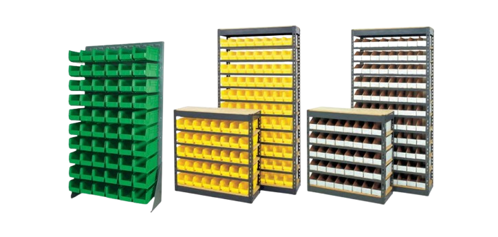 Various sizes of bin shelving with colorful bins are displayed. The racks feature green, yellow, and blue bins, neatly organized in rows—ideal for industrial or garage use.