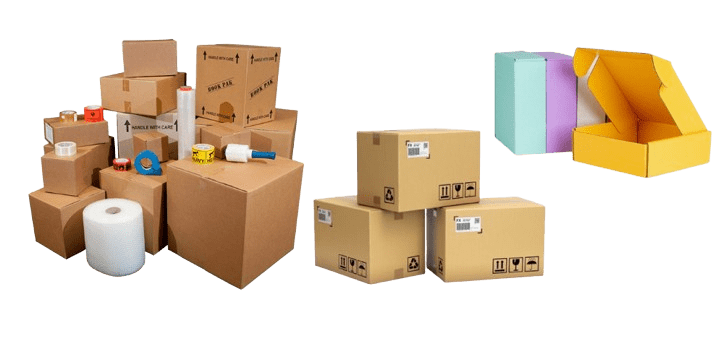 A collection of various-sized moving boxes, packing tape, bubble wrap, and two open colorful boxes are arranged neatly. The boxes are labeled with handling symbols, ready for packing or shipping.
