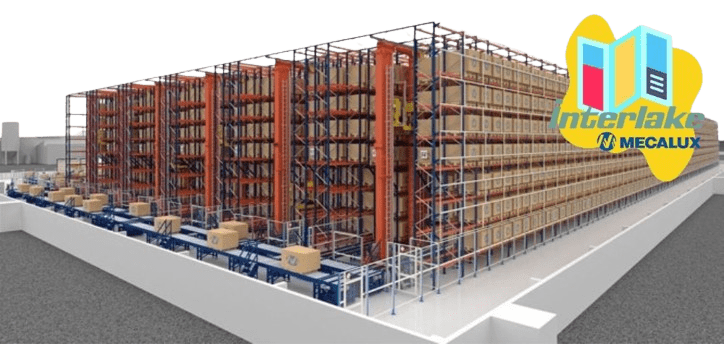 A large warehouse with tall racks filled with boxes and a system of conveyor belts, showcasing modern Warehouse Shelving Designs. The Interlake Mecalux logo is prominently displayed in the top right corner.