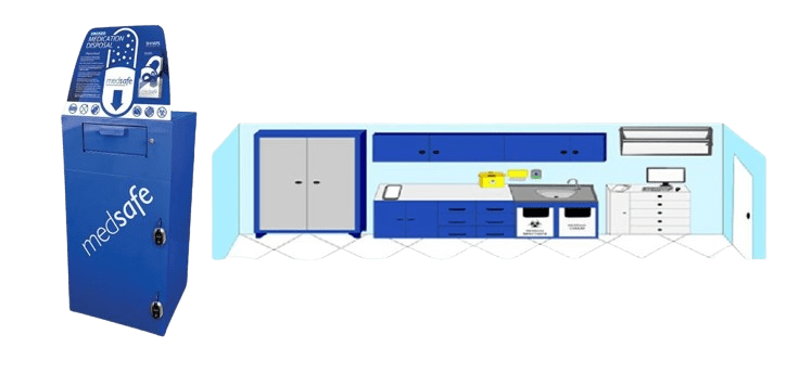 A blue MedSafe medication disposal box stands beside an illustration of a medical office, where cabinets blend seamlessly with a sink and equipment in soothing shades of blue, gray, and white.