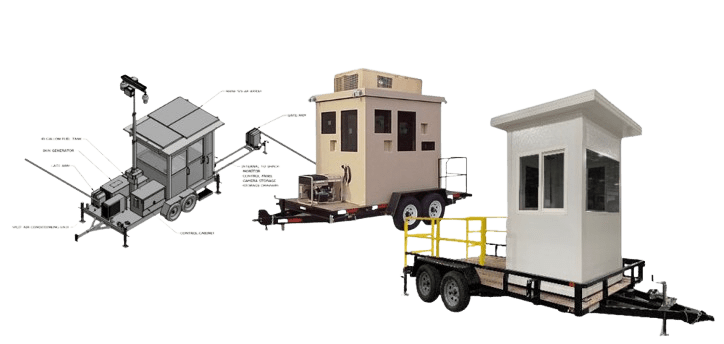 Three mobile trailers featuring small, enclosed booths on open platforms serve as versatile guard shack trailers. Each has unique designs and equipment, including an air conditioning unit and security camera, ensuring theyre ready for easy transportation and temporary installations.