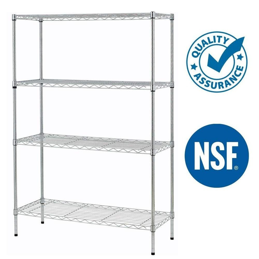 Metal shelving unit with four wire shelves, ideal for food service shelving solutions. It stands proudly next to Quality Assurance checkmark and NSF logos, ensuring top-tier quality and safety standards are met for your storage needs.