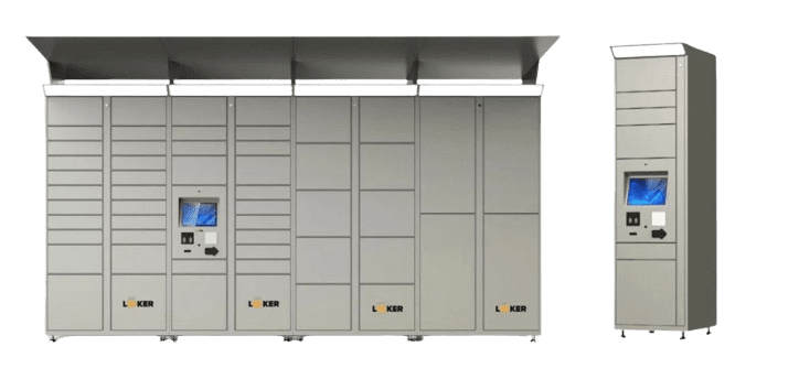 Two large industrial control panels sit side by side like spacious parcel lockers. The left panel, adorned with the KER logo, showcases multiple sections and a central screen glowing with blue hues. Meanwhile, the similar yet smaller right panel maintains the same sleek design.