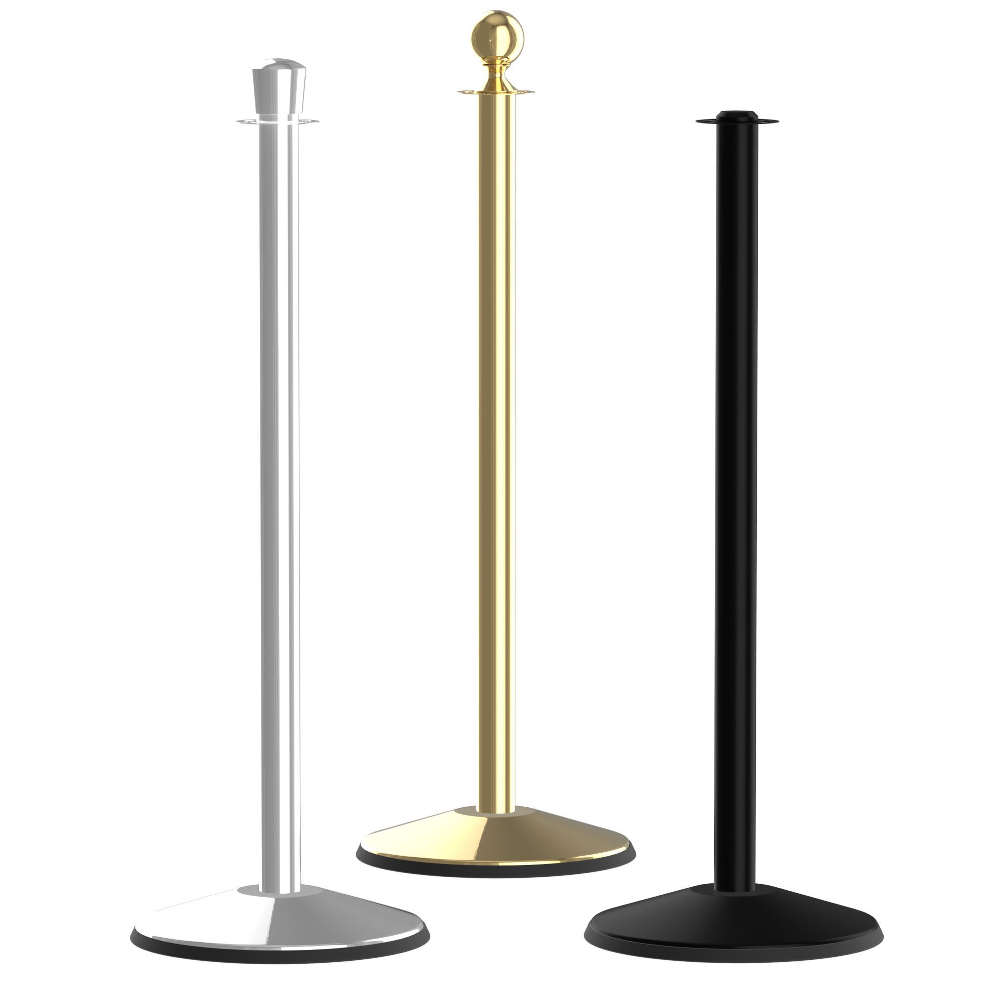 Three stanchions are pictured: one silver, one gold, and one black. Each has a round base and a post with a hook at the top. They are often used for crowd control at political rallies or events to hold ropes in place.