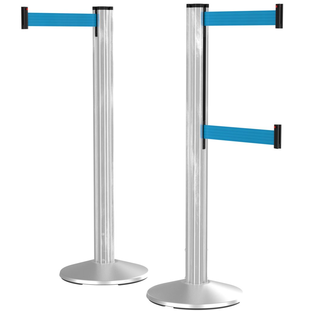 Two silver stanchion posts with blue retractable belts are perfectly suited for crowd control at political rallies. The belts extend outward, ensuring efficient line management, keeping attendees organized and safe.