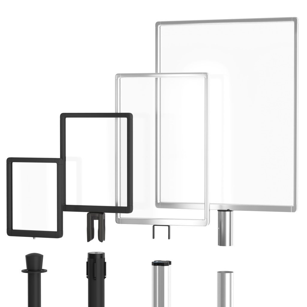 A collection of six differently sized rectangular sign holders, each with a stand, perfect for crowd control at political rallies and events. The frames, in black and silver finishes, paired with stands of varying heights, offer versatile display options.
