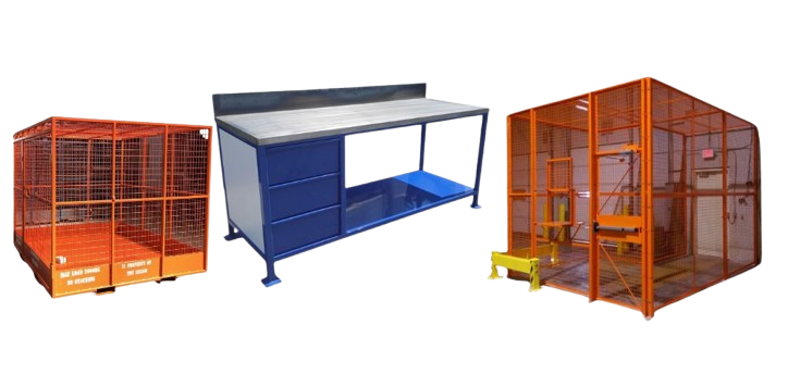 Three pieces of industrial equipment: an orange safety cage from SpaceGuard Products, a blue and gray workbench with drawers, and another orange safety cage featuring a loading door and interior platform.