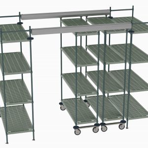 A green metal shelving unit on wheels with multiple interconnected shelves resembles the Metro TT10-E2148M1848P Top-Track Shelving Kit. Its modular, adjustable design suits various settings, offering 48 wide Super Erecta Pro Shelves for versatile storage solutions in a 10 ft. space.