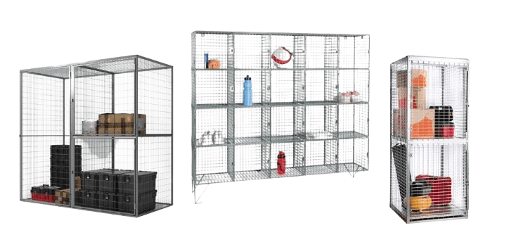 These wire tenant lockers are your ultimate source for organized storage. The left locker boasts boxes and containers, the middle holds essential cleaning supplies and a fire extinguisher, while the right is packed with red and black storage bins.