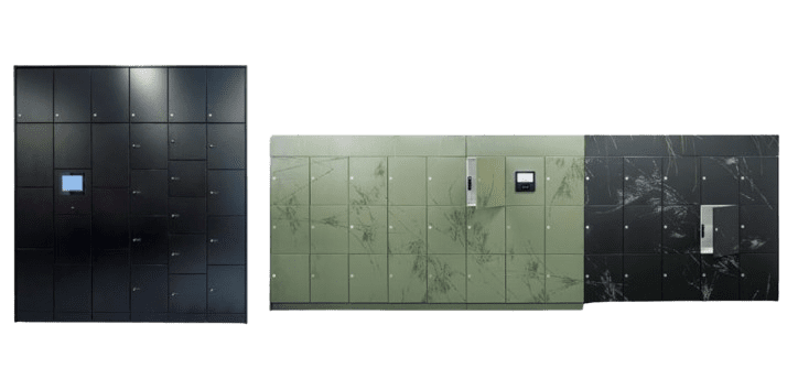 Three sets of parcel lockers in vibrant colors: a black touchless locker with a touchscreen on the left, a green and black marble-patterned unit with screens and handles in the center, and a sleek black marble-patterned unit on the right.