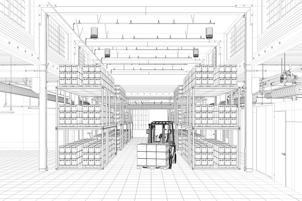 Line drawing of a warehouse interior with high shelves filled with stacked boxes, showcasing efficient picking and packing solutions. A forklift is centered, carrying a pallet. The space is large, featuring visible pipes, overhead lights, and a tiled floor.