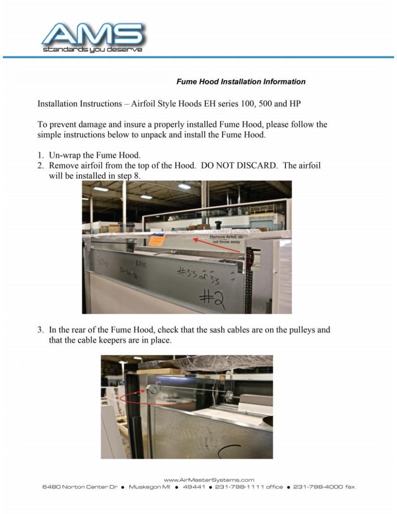 Instruction sheet for installing laboratory fume hoods. Includes steps to unwrap the hood, remove and store the airfoil, and ensure correct cable placement. Features a highlighted image of the fume hood from Air Master Systems Brochures for easy reference.