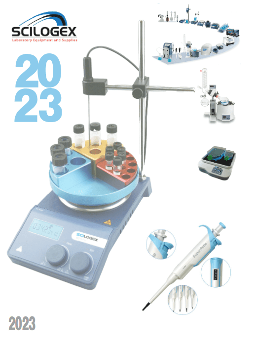 A collage of SciLogex laboratory equipment showcases a digital hotplate stirrer, pipettes, and other devices. 2023 is prominently displayed in blue. The SciLogex logo adorns the top, reflecting innovation in SCILOGEX liquid handling products found in Scilogex brochures.