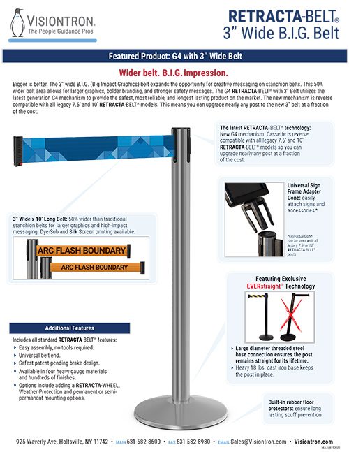 Discover Visiontrons RETRACTA-BELT in this concise brochure page. The infographic showcases a 3 wide B.I.G. belt with Universal Sign Adapter, Locking Belt End, E-Z Back Technology, and EverStraight Technology. Find product specs and contact details below.