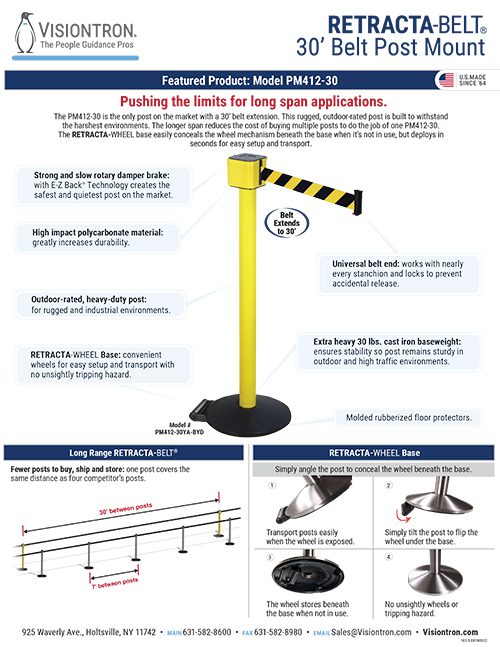 Explore the Visiontron brochure page for an informative flyer on the Retracta-Belt 30 Belt Post Mount. Featuring a yellow post with a checkered belt, detailed specs, and illustrative images. Contact information for Visiontron is included at the bottom.