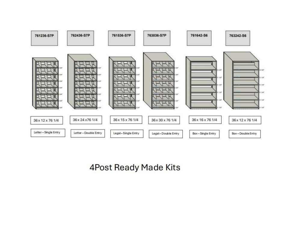 Optimize your space with Datum storage solutions in this image of six labeled shelving units on a white background. Each unit, identified by model number, varies in dimensions and entry options like letter or box sizes and single or double entries. Text below reads, 4Post Ready Made Kits.