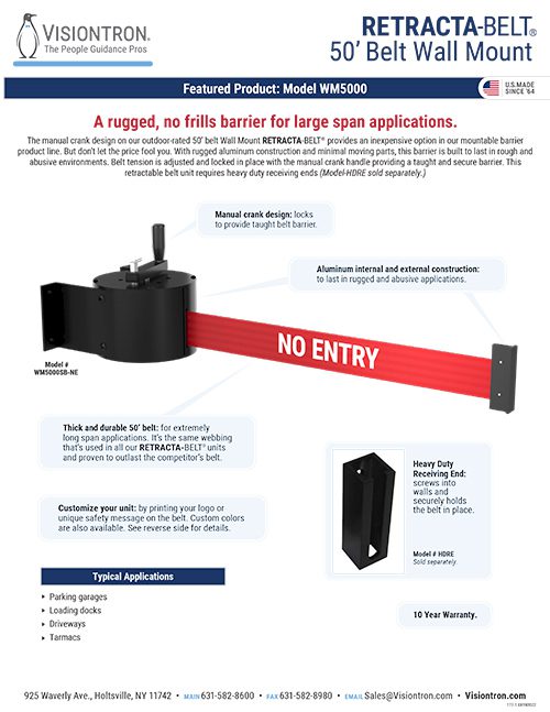 ALT Text: Advertisement for Visiontrons Retracta-Belt 50 Belt Wall Mount, model WM5000, a crowd control solution. Features include a red No Entry belt, rugged design, manual crank, heavy-duty construction, and a 10-year warranty. Contact and company details are listed below.
