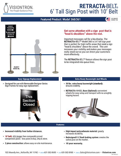 Introducing the RETRACTA-BELT 6 Tall Sign Post with a 10 Belt by Visiontron—perfect for effective crowd control solutions. This standout product features easy sign replacement, an extra heavy base with wheels, and high visibility. Discover more on our Visiontron brochure page.