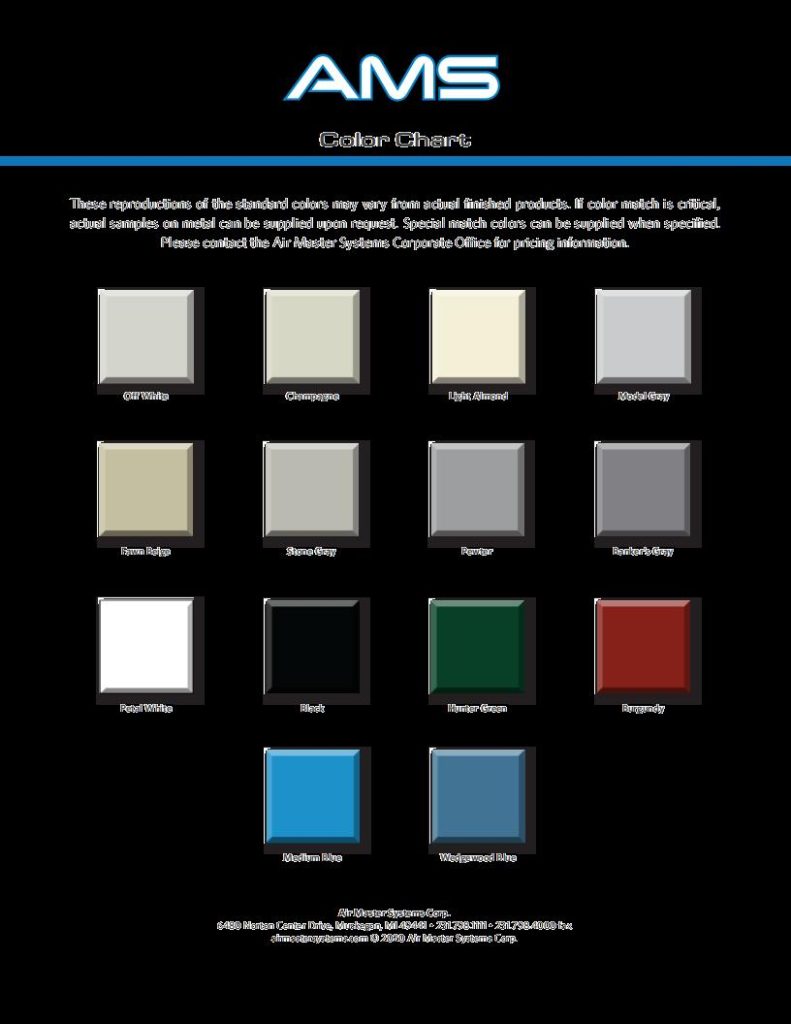 Color chart titled AMS from the Air Master Systems Brochures, displaying sixteen squares in shades like grays, blue, red, beige, and green. Each hue is labeled beneath. Text at the top and bottom offers additional information and contact details on lab furniture solutions.