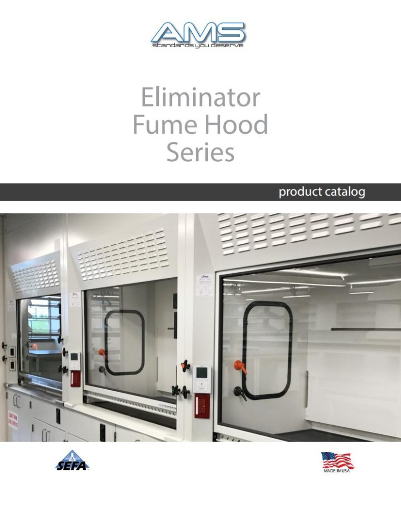 Cover of the Air Master Systems Eliminator Fume Hood Series catalog, featuring lab furniture solutions with glass front panels, control switches, and safety certification logos. Made in USA and company branding are clearly displayed at the bottom.