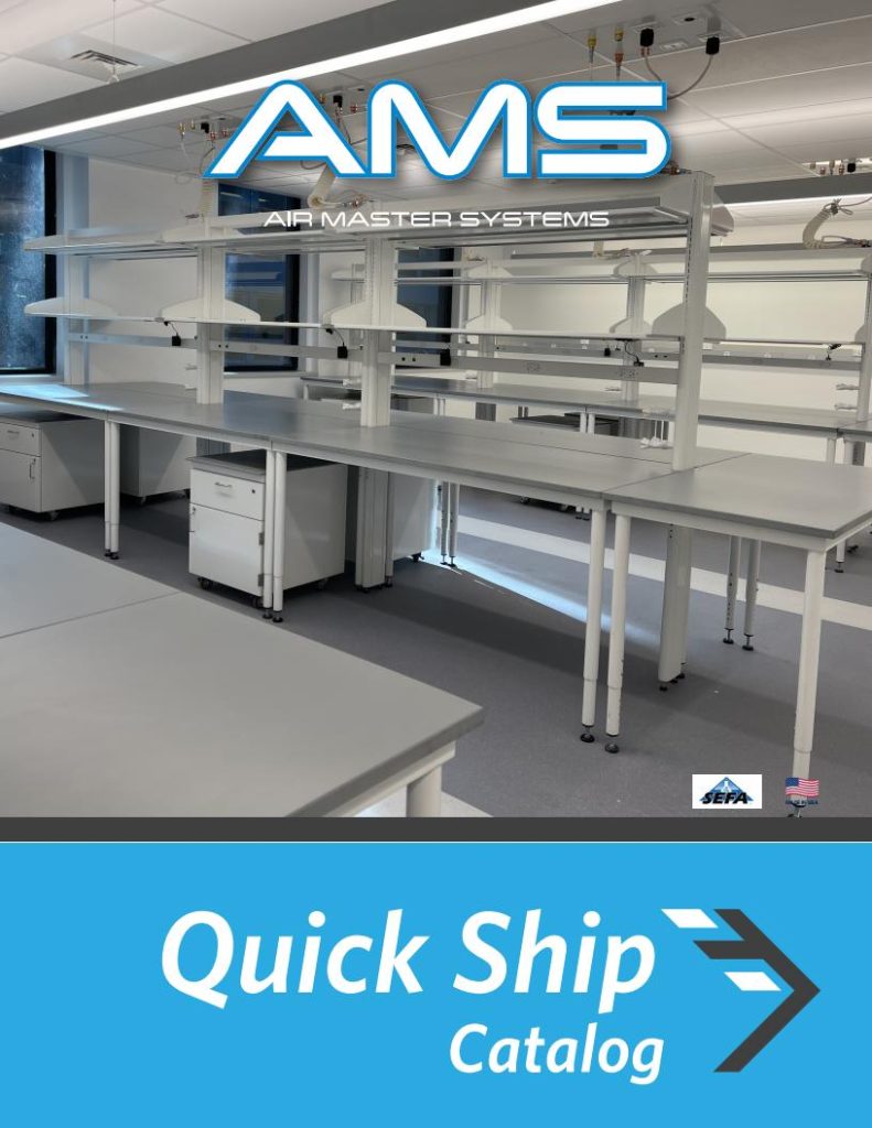 A modern laboratory featuring white workstations and shelving units showcases the AMS Air Master Systems logo. Quick Ship Catalog in blue text appears at the bottom alongside small logos. Bright lighting highlights state-of-the-art lab furniture solutions, including advanced laboratory fume hoods.