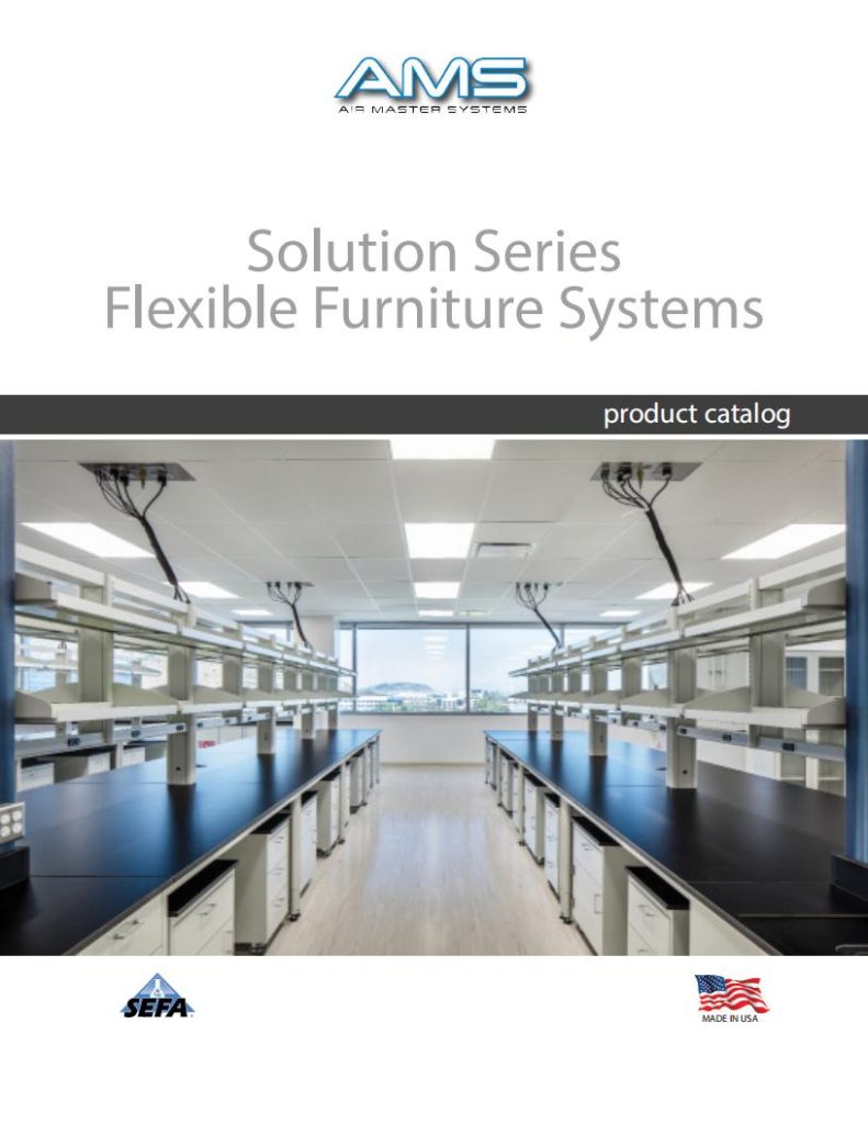 Cover of a product catalog titled Solution Series Flexible Furniture Systems by Air Master Systems. It showcases a modern laboratory with workbenches, shelving, and sleek laboratory fume hoods by AMS. Logos at the bottom highlight SEFA certification and proudly Made in USA.