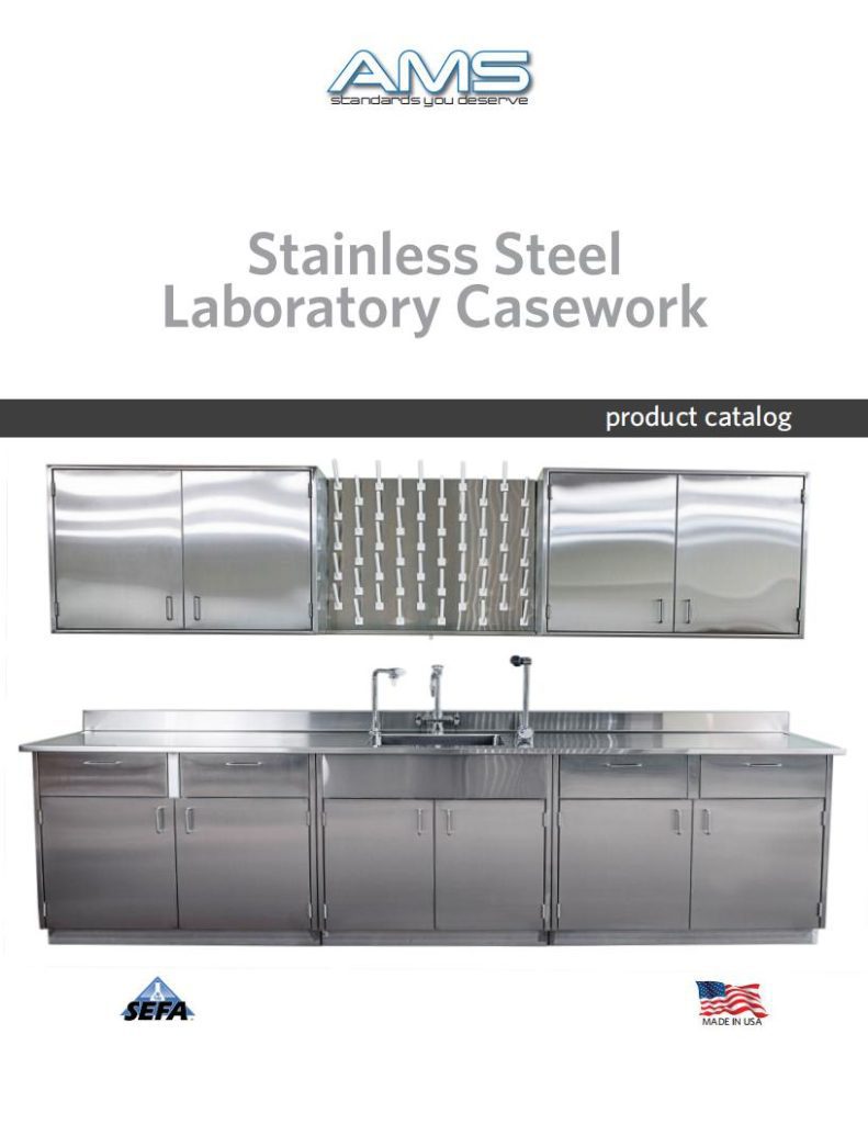 Cover of the Stainless Steel Laboratory Casework product catalog by Air Master Systems. Features stainless steel cabinets, a sink, and laboratory fixtures including laboratory fume hoods. Includes logos of SEFA and Made in USA at the bottom.