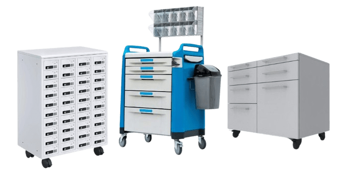 Discover our medical storage units featuring movement solutions for easy mobility. This versatile collection includes a white drawer cabinet, a blue and white cart with handles and trash bin, and a gray cabinet, all equipped with heavy-duty sliding hardware to ensure smooth operation on wheels.
