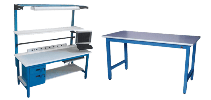 Two blue adjustable workstations are displayed. The left bench features a raised shelf, monitor, drawers, and power strip. The right is a simple table with a flat surface and no extras. Both boast sturdy metal frames.