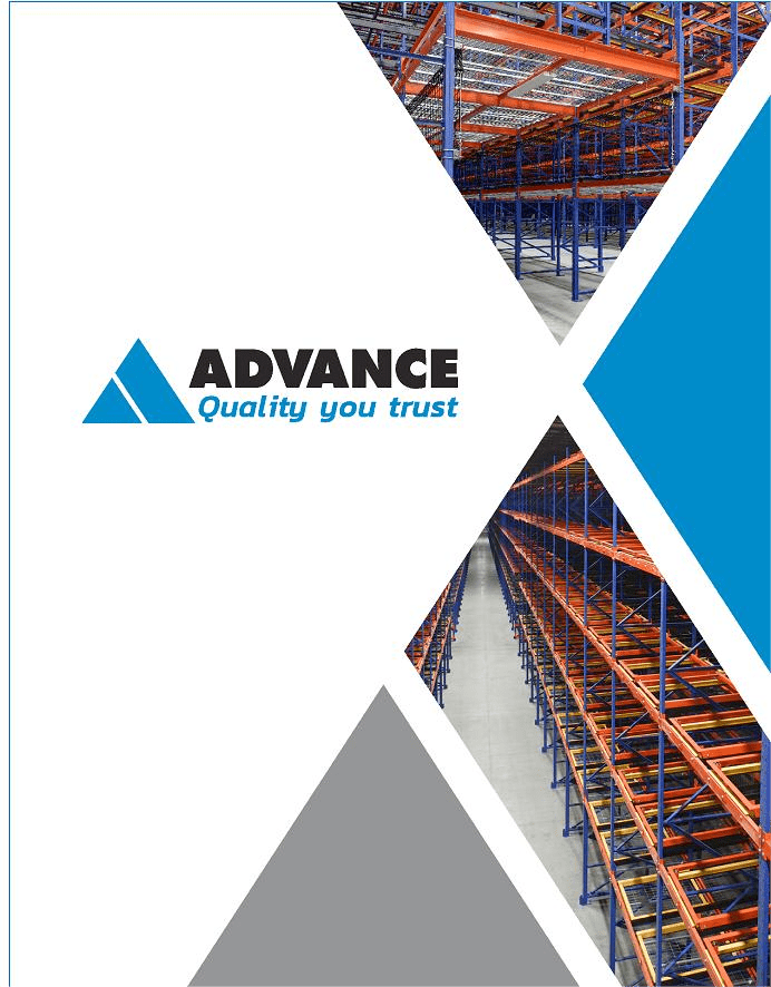 Cover design featuring a logo with the text ADVANCE Quality you trust on a white background. The image highlights geometric sections of warehouse storage systems, showcasing industrial shelving units with metal frames, ideal for structural pallet racking solutions.