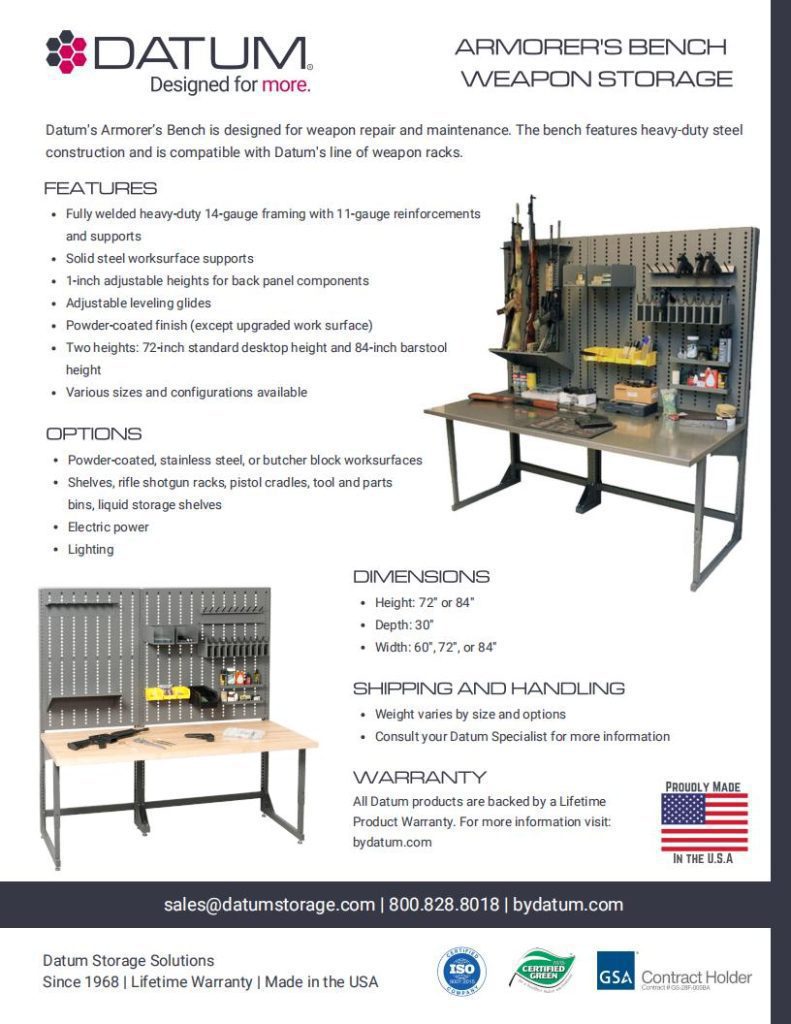 Advertisement for Datums Armorers Bench Weapon Storage: Featuring heavy-duty steel construction and adjustable shelves, this customizable storage system offers added space for tools. Proudly American-made. To optimize your space with Datum storage, contact us today for dimensions and more info!.