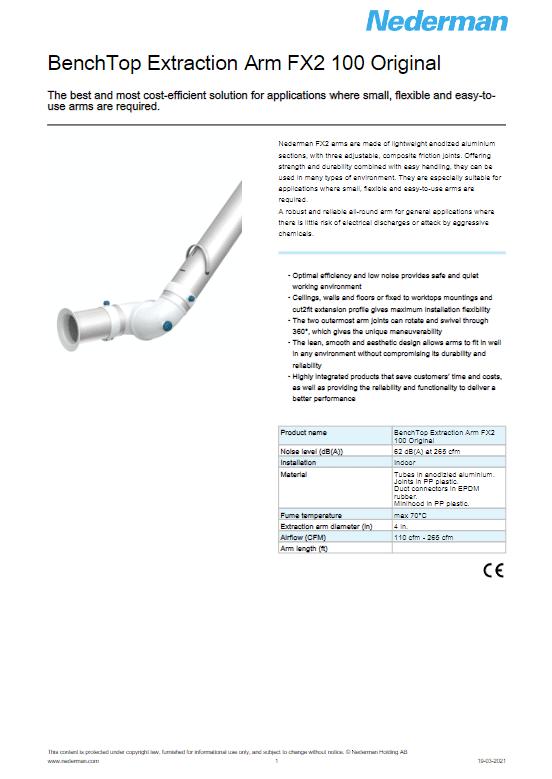 The image displays a product sheet for the BenchTop Extraction Arm FX2 100 Original by Nederman, ideal for any laboratory exhaust system. Features highlighted are high-efficiency filtration, low noise levels, and versatile joint positioning, along with detailed exhaust snorkel specifications like arm diameter and length.
