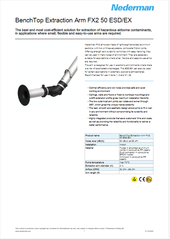 An advertisement for the BenchTop Extraction Arm FX2 50 ESD/EX by Nederman. Showcasing a durable lab ventilation system, it includes an image of the extraction arm, detailed features, benefits, and exhaust snorkel specifications. Perfect for reducing airborne contaminants in tight spaces.
