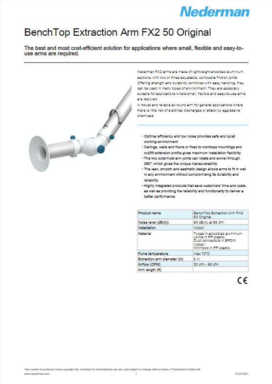 Brochure for Nederman BenchTop Extraction Arm FX2 50 Original featuring an image of the arm and details about its efficiency, safety, and exhaust snorkel specifications. This durable lab ventilation system emphasizes airflow, dimensions, flexibility, and ease of use.
