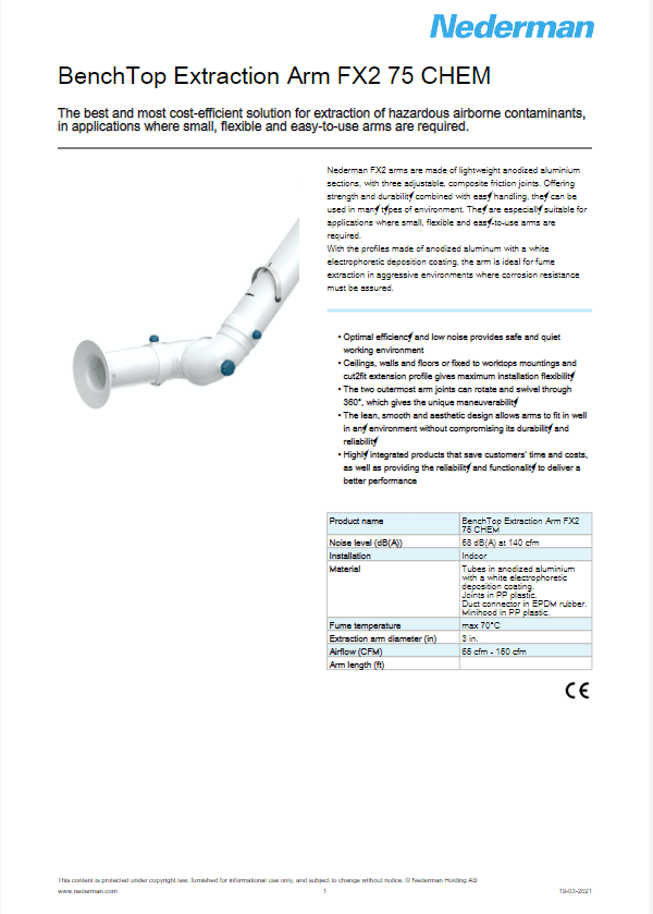 Image of a brochure for the Nederman BenchTop Extraction Arm FX2 75 CHEM. It includes a photo of the arm and text highlighting features like flexibility, easy mounting, and efficiency. This durable lab ventilation system ensures optimal performance with detailed technical specifications included.