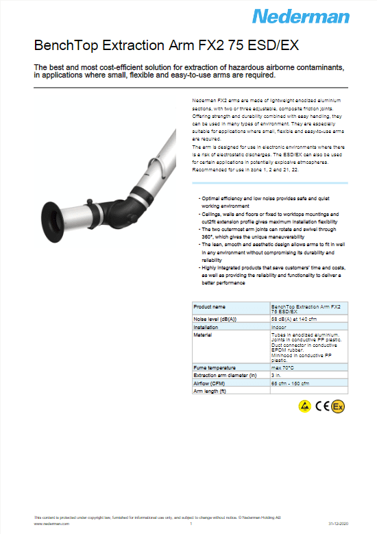 Discover the BenchTop Extraction Arm FX2 75 ESD/EX by Nederman, an essential piece for your lab ventilation system. This informative flyer outlines technical features, benefits, and specifications like dimensions and materials, paired with a detailed product image and data table.