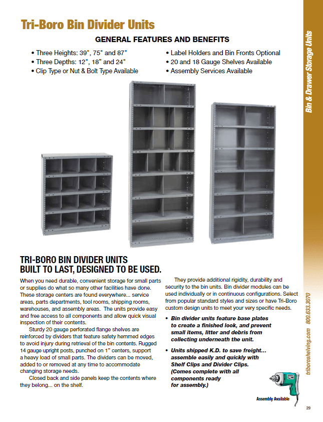 Image of a catalog page featuring Tri-Boro shelving solutions, including Bin Divider Units. Displays three steel shelving units of varying heights. Text highlights features, assembly services, and customization options for your industrial needs. Includes contact information and a logo.