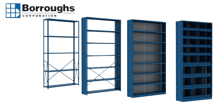Four industrial blue shelving units are showcased in a row, each with varying configurations, beside the Borroughs Corporation logo. These shelves feature a minimal design, perfect for storage, and align seamlessly with the aesthetics of Borroughs Shelving Brochures. The background is transparent.